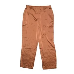 NICOLE MILLER NEW $225 Wide Leg Satin Cargo Pants Copper Brown Large